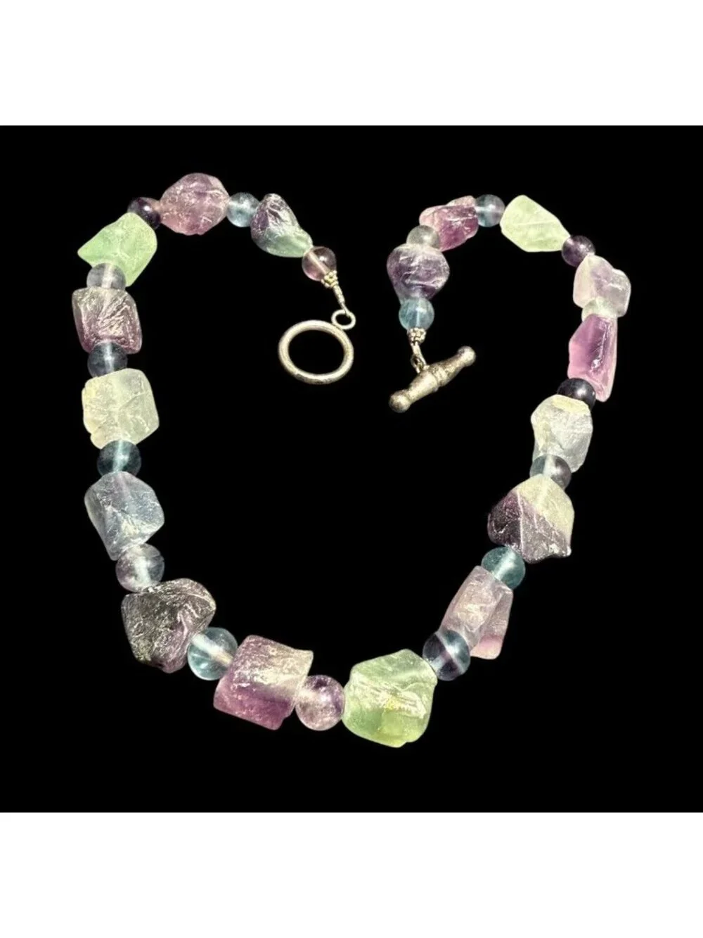 Vintage Sterling Silver Raw Fluorite Necklace Crystal Beaded Toggle 17”